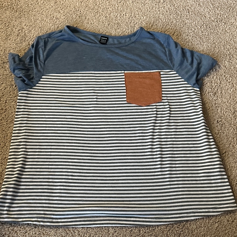 SHEIN Blue and White Striped Tee with Brown Pocket